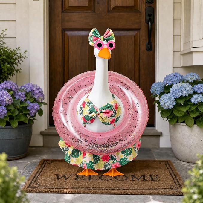 Summer Porch Goose Outfit with Sunglasses and Swim Ring for 23" Goose Statue Hawaiian Bikini Goose Outfits Porch Goose Clothes Costume for Garden Lawn Yard Decor(Hawaiian Flowers)