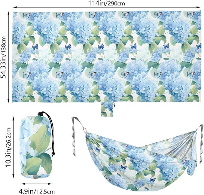 Camping Hammock Outdoor Hammocks for Outside Hydrangea Blue Butterfly Beach Trees Portable Lightweight with Pockets Tree Straps Indoor Small