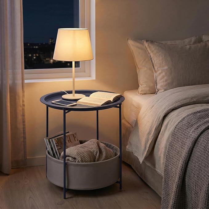 VECELO Round Side/End Table with Fabric Storage Basket，Metal Anti-Rust and Waterproof Small Bedside Nightstand with Removable Tray Top for Living Room，Balcony & Laundry，Blue /1pcs with Basket