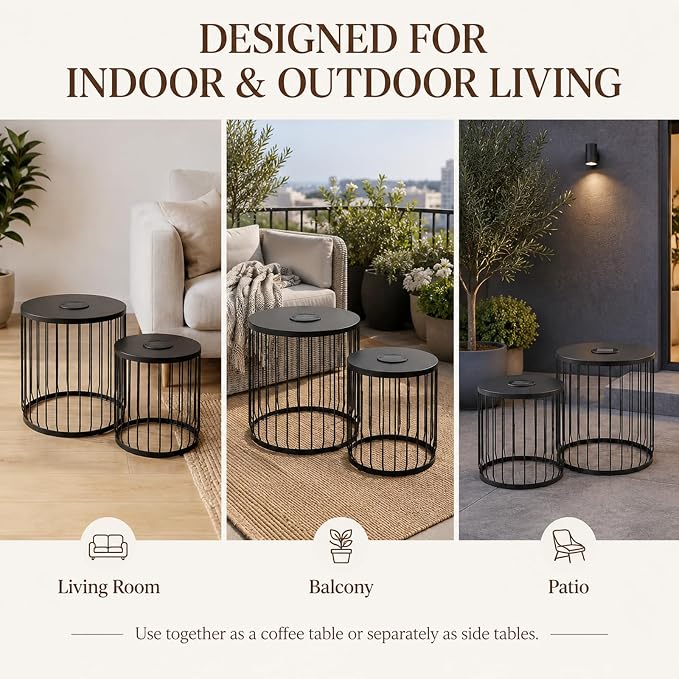 HRVEOCEI Black Round Nesting Coffee Table Set of 2, 2 PCS Small Outdoor Nesting Tables with LED Light for Living Room, Metal Side Table Set for Balcony Patio (45 Inch + LED)