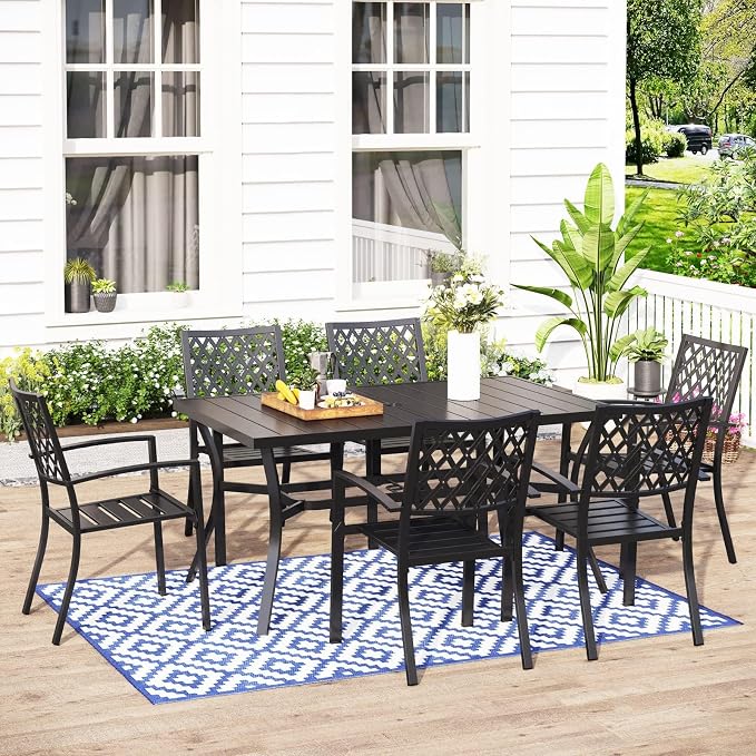 MFSTUDIO Outdoor Dining Set for 6 w/Umbrella Hole | Metal Patio Table and Chairs Set with Umbrella Hole,Perfect for Deck Backyard Poolside Garden