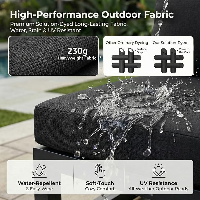 RADIATA 9 Pcs Large Modern Aluminum Outdoor Sofa with Rectangular Fire Pit Table, 29" Deep Wide Seat, 500 lbs Durable Sectional Set for Heavy People, All-Weather Patio Furniture Set for Terrace, Black