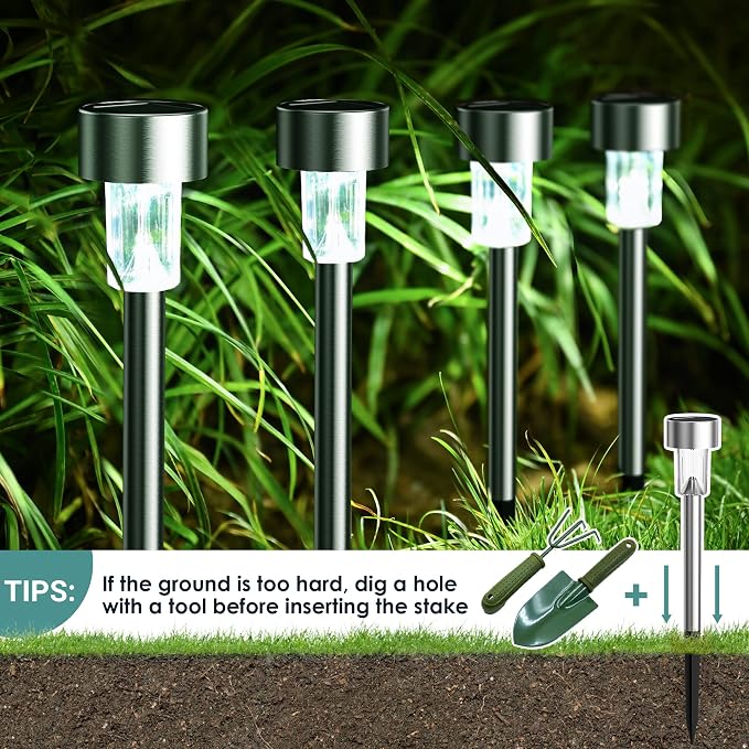 GIGALUMI 16 Pack Solar Lights Outdoor Waterproof,Stainless Steel LED Solar Garden Lights for Patio, Lawn, Yard and Landscape(Cold White) | Solar Pathway Lights, Solar Garden Lights for Patio, Lawn, Yard and Landscape LED (Cold White)