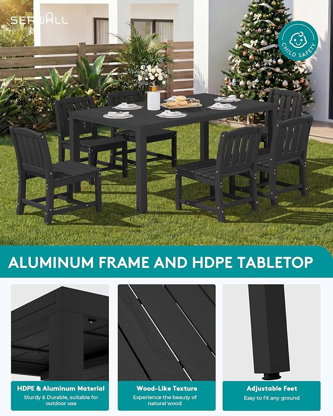 SERWALL Outdoor Patio Dining Set for 6, Black | 60" - 83" Expandable Outdoor Dining Table and 6 HDPE Chairs, All Weather Material Outdoor Furniture Set Backyard, Garden