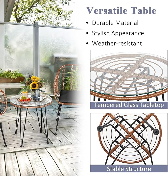 COSTWAY 3 Pieces Patio Bistro Set, Outdoor Rattan Conversation Seating Chair Set with Coffee Table & Soft Cushions, Indoor Wicker Furniture Set for Garden, Balcony, Porch, Pool, Black