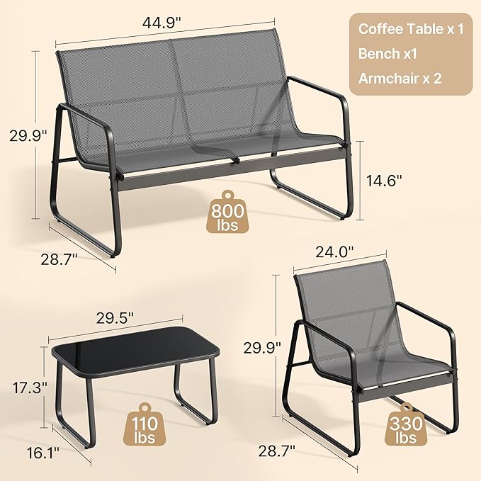 Gizoon 8 PCS Outdoor Patio Conversation Set, All Weather Metal Teslin Fabric, Patio Furniture Set with 2 Loveseat Benches, 4 Arm Chairs & 2 Glass Coffee Tables, for Backyard, Pool, Porch, Garden, Grey