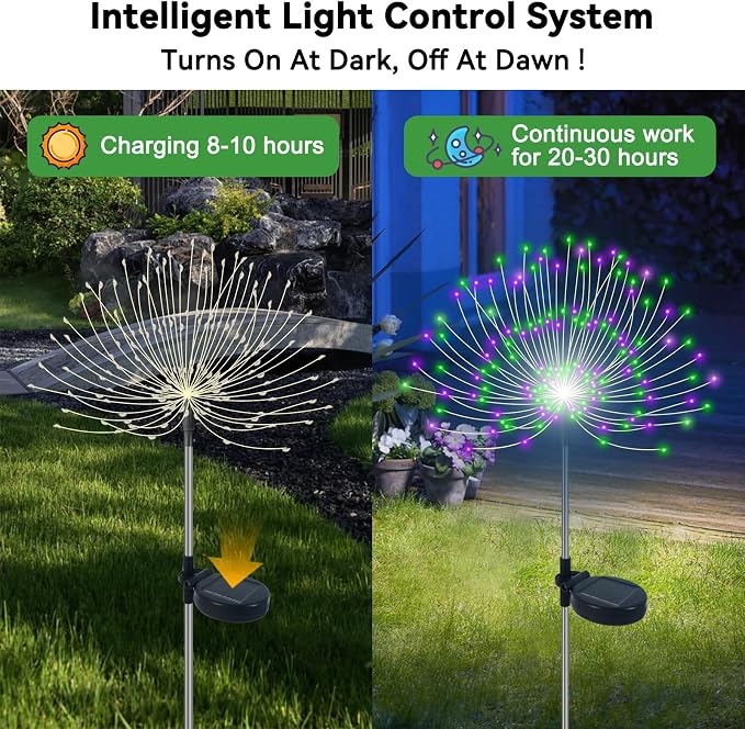 Slyuexu Solar Garden Lights Outdoor Waterproof, 2 Pack 120 LED Solar Firework Lights Decorative Garden Décor Outside for Flowerbed Pathway Party Halloween Christmas Decorations, Green + Purple