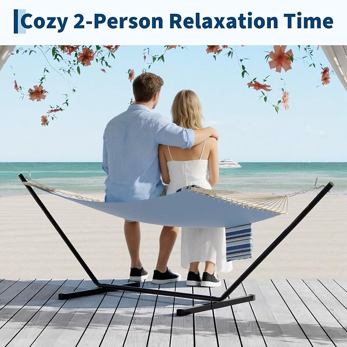 Double Quilted Hammock for 2 Adults – 350cm Large Outdoor Patio Swing Bed with Hardwood Spreader Bars, Detachable Pillow, 450lbs Capacity, Weather-Resistant, Ideal for Garden, Backyard
