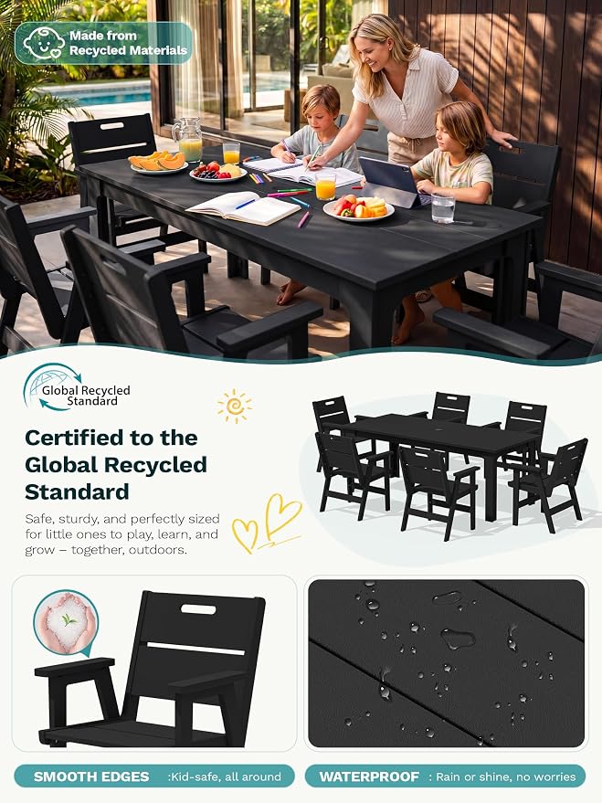 SERWALL 10-Piece Outdoor Patio Dining Set, 76" HDPE Table with 8 Chairs & 1 Umbrella (Base Excluded), All Weather Resistant Heavy Duty Outdoor Furniture for Backyard Deck Garden, Black