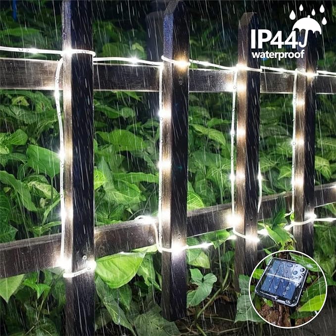 QITONG Solar Rope Lights Outdoor Waterproof, 66ft 200 LED String Lights, 8 Modes Fairy Lights in Clear Thin Tube (White)