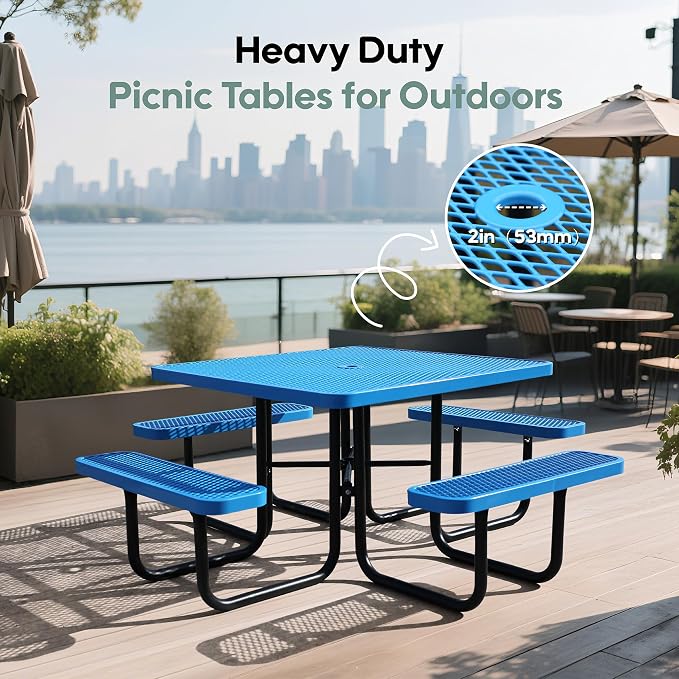 46" Square Picnic Table for Outside,Blue Heavy Duty Metal Picnic Table Bench Set with 2in Umbrella Hole, 1600 lb Capacity,Commercial Dining Table Furniture for Garden Yard Patio Party Coffee Shop