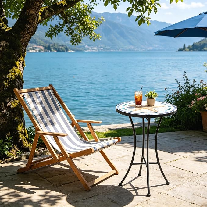 Vipush Mosaic Outdoor Side Table, 14" Round Folding Plant Stand for Patio Garden Backyard Balcony Porch Indoor Accent End Table for Living Room, Ceramic Tabletop with Black Iron, Starfish