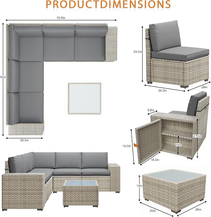12 Piece Patio Furniture Set, 8" Wide Arm Sectional Sofa Set with Coffee Table, High-Back All-Weather Rattan Outdoor Conversation Set for Garden, Porch, Lawn, Gray