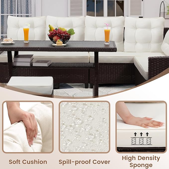 KROFEM 6 Piece Patio Furniture Set, Dining and Conversation Set, Beige | UV Treated Wicker, Machine Washable Cushions, Seats 7, 2 Ottomans, 3 Sofa Section, Dining Table, Rustproof Frame