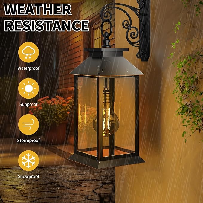 2 Pack Solar Lanterns Outdoor, Hanging Glass Solar Lights Waterproof, Dual Power Solar & 2*AA Battery, for Porch, Patio, Yard and Indoor Table or Mantel