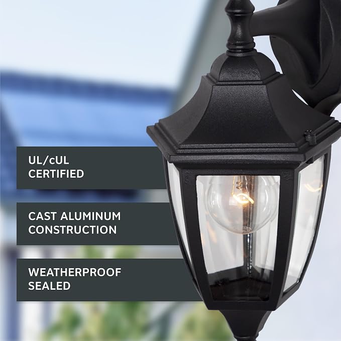 Designers Fountain Waterbury Outdoor Light Fixture, 14.25 Inch Exterior Wall Lantern Sconce for Front Door, Patio and Porch, Black, 2461-BK