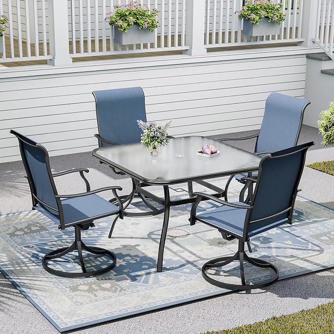 Outdoor Patio Set, 37" Square Glass Dining Table and 4pcs Swivel Chairs, All-Weather Patio Furniture Set with 1.7" Umbrella Hole for Garden Backyard Lawn Poolside
