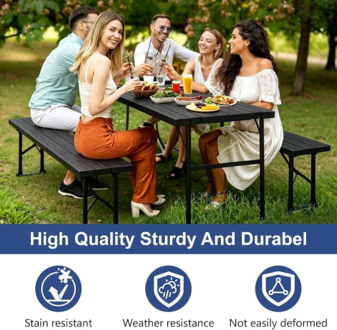 Folding Table with 2 Benches Set, 6FT Picnic Table with 2 Chairs, 3pcs Plastic Camping Tables and Foldable Bench Sets Indoor & Outdoor for Party, Camping, Picnic, Wedding, BBQ, Black