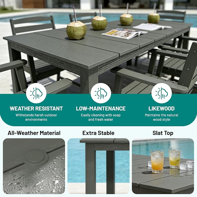 PLUUV 5-Piece Patio Dining Set, Hdpe Outdoor Patio Furniture Set with Aluminum Table Legs & Umbrella Hole, All-Weather Resistant Patio Table Set for Garden, Backyard, 4 Chairs & 1 Table, Gery