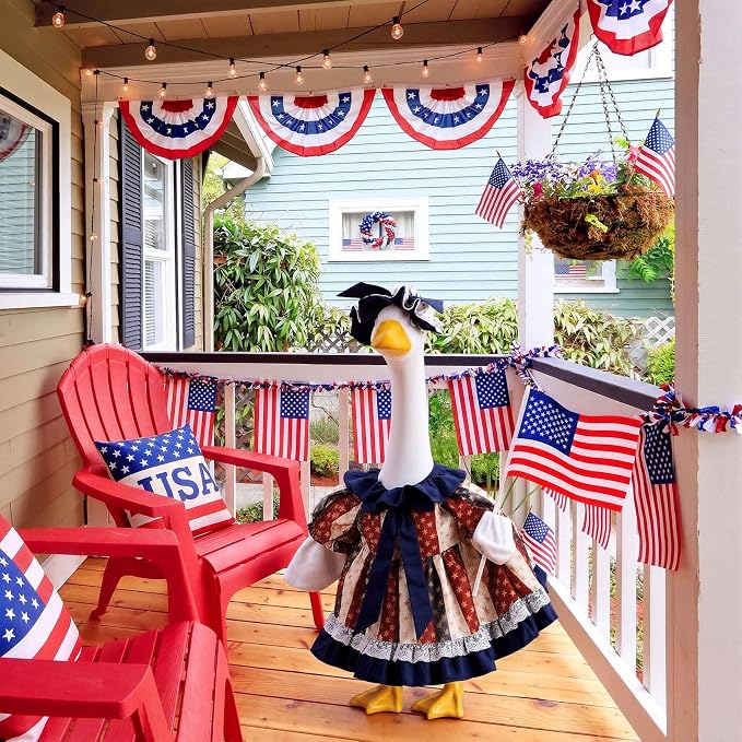 Outus Retro 4th of July Porch Goose Outfit Includes Independence Day Dresses Clothes Hat and American Flag 23 Inch Patriotic Goose Porch Clothing for 250th Anniversary Garden Yard Decoration