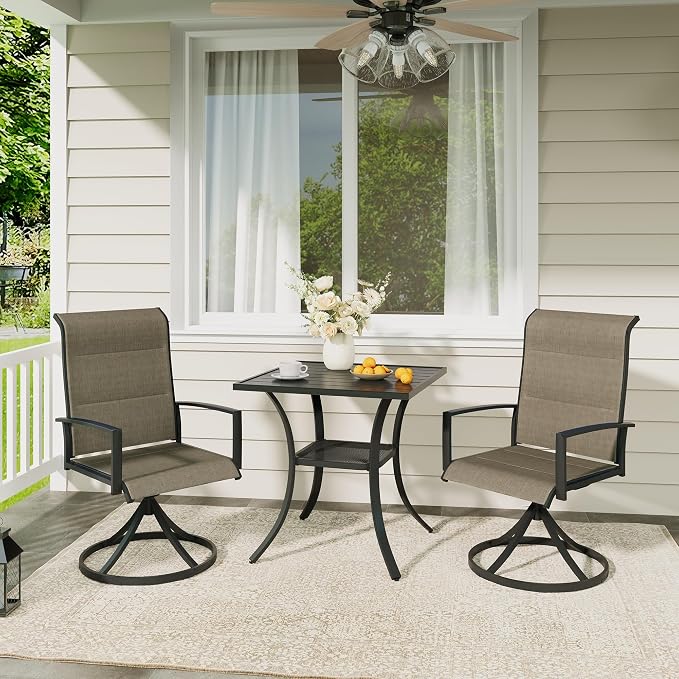 VICLLAX 3 Pieces Outdoor Dining Set, Patio Furniture Set Includes 27.6" Square Metal Table and 2 Padded Textilene Swivel Chairs for Porch, Lawn, Garden, Backyard