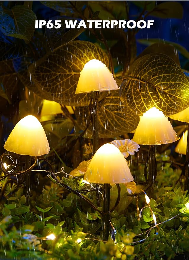 Solar Mushroom Garden Lights for Outside, 20 LED 32.8FT Solar Pathway Lights Outdoor Waterproof for Fence with 8 Lighting Modes for Patio Yard Decorative | 33FT Solar Pathway Lights with 8 Lighting Modes & Waterproof for Garden Fence Patio Yard Christm...