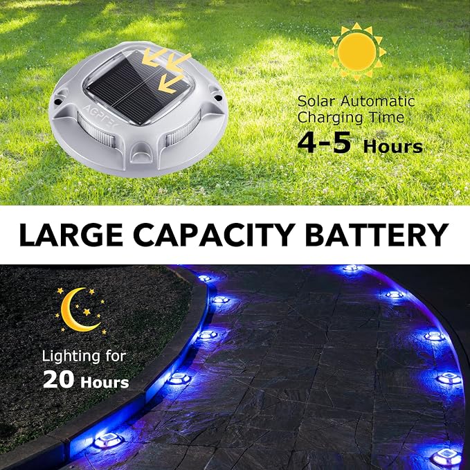 AGPTEK Solar Driveway Light Outdoor 1 Pack, 2 Color Modes LED Deck Dock | Marine Waterproof Driveway Marker Lights for Step Sidewalk Stair Garden Pathway Walkway Yard (Blue Light/Cool White)