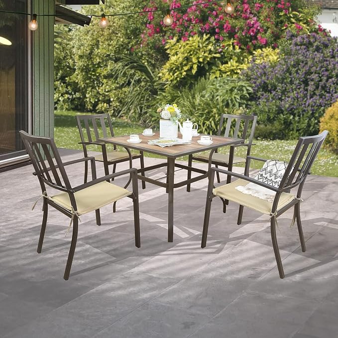 Kozyard Coolmen Outdoor Patio Dining Chair Set of 2, Steel Frame Stackable Chairs with Cushions, Weather Resistant, Brown Frame for Garden, Balcony, Backyard