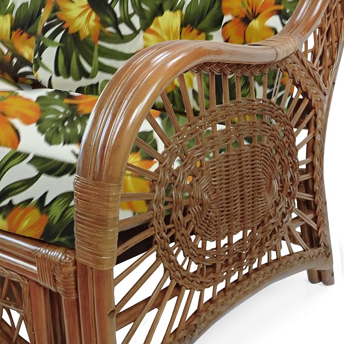 Malibu Lounge Set of 4: 2 Natural Rattan Wicker Chairs, Three-Seater Sofa with Cushions and Coffee Table with Glass Handmade, Colonial Color