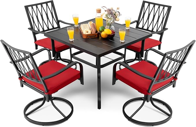 NUU GARDEN 5 Piece Outdoor Dining Set, Outdoor Furniture Set for Square Iron Umbrella Dining Table and 4 Cushioned Swivel Chairs, Black and Red Cushion