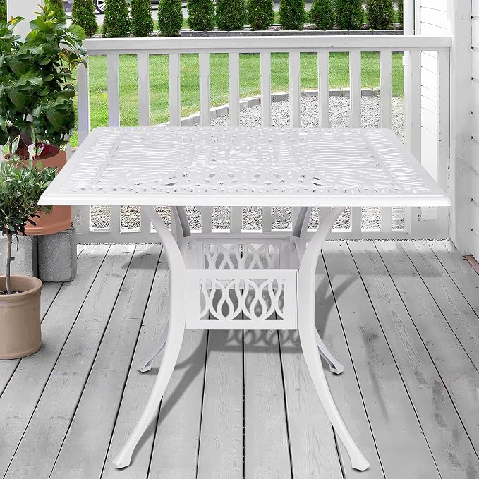 35.4 Inch Outdoor Dining Table Square Patio Table Bronze Cast Aluminum Rustic Large Table with Umbrella Hole, White