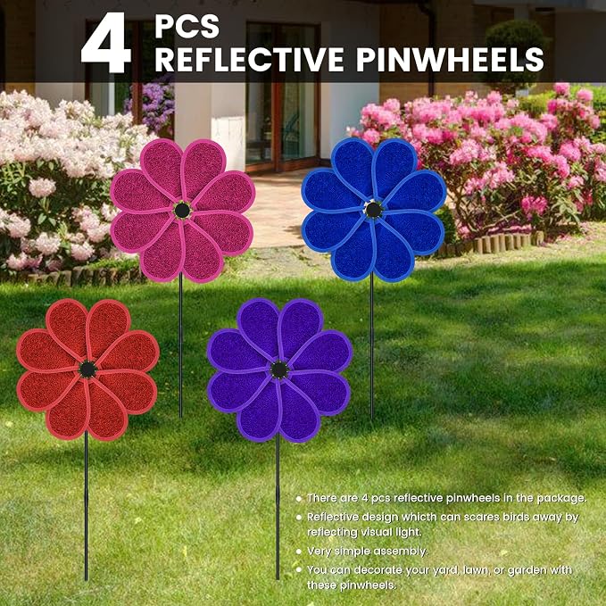 4PCS 11.4" W x 28" H Reflective Pinwheels Sparkly Lawn Wind Spinners Colorful Rainbow Windmill for Garden Decoration Bird Devices Deterrent to Scare Birds Away (Multicolor-2 Four Colors)