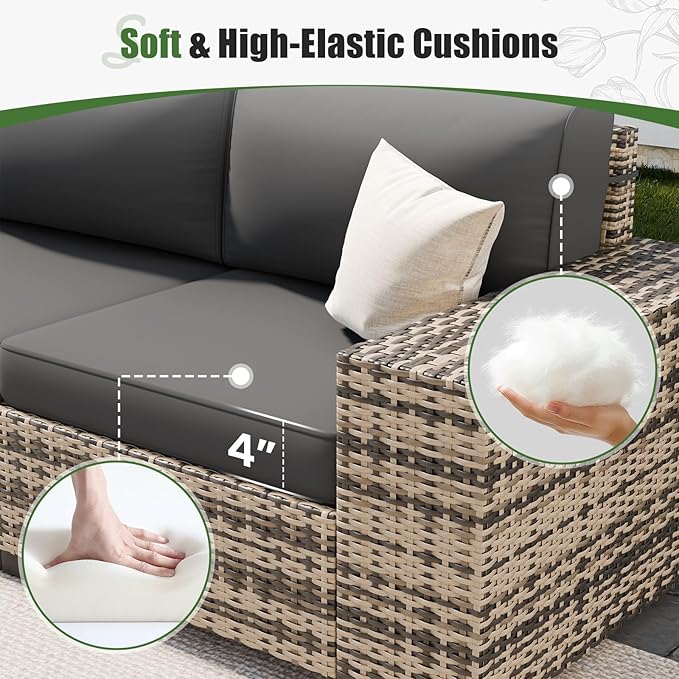 Amopatio 7 Piece Patio Furniture Set with 8" Armrest & 44" Fire Pit Table, Outdoor Wicker Rattan Sectional Sofa Conversation Set for Backyard, Garden, Poolside(Grey Cushion)