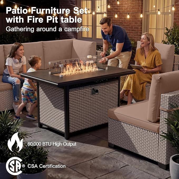 Patio Furniture Set, 18-Piece Outdoor Sectional Sofa with Swivel Rocker Chairs & Fire Pit Table, Wicker Patio Conversation Set with Coffee Table, Khaki Cushions