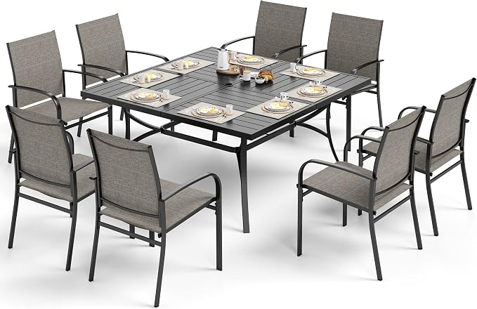SUNSHINE VALLEY Patio Dining Set for 8, 57.5" x 57.5" Square Metal Table with Umbrella Hole, 8 x Stable Brown Dining Chairs, Outdoor Table and Chairs Set for Lawn Backyard and Deck