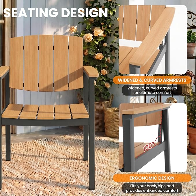 Outdoor Dining Chairs Set of 2, Aluminum Patio Dining Chairs with Armrest for Ergonomic Design, Aluminum Frame HDPS Faux Wood, All Weather Outdoor Furniture for Garden and Indoor Nature Wood