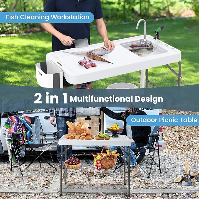 Folding Fish Cleaning Table, Fishing Fillet Station w/360° Rotatable Faucet & Sink & Spray Nozzle & Drain Pipe, Outdoor Sink Table, Portable Fish Filleting Table for Camping, Picnic