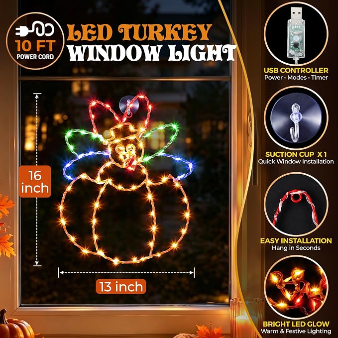 Hiboom Large Thanksgiving Turkey Pumpkin Window String Lights Decorations, Turkey String Light with Timer 8 Mode USB Powered for Fall Decor Home Party Indoor Outdoor(Yellow Red Green,16")