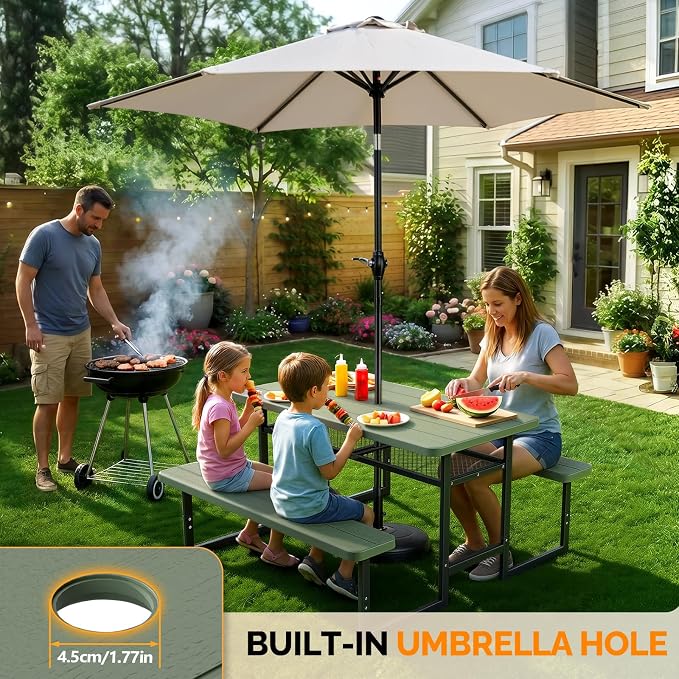 VINGLI Outdoor Picnic Table with Storage Shelf & Umbrella Hole, 4.5FT All Weather Metal Frame HDPE Tabletop Plastic Picnic Table for Dining Party Garden(Green)