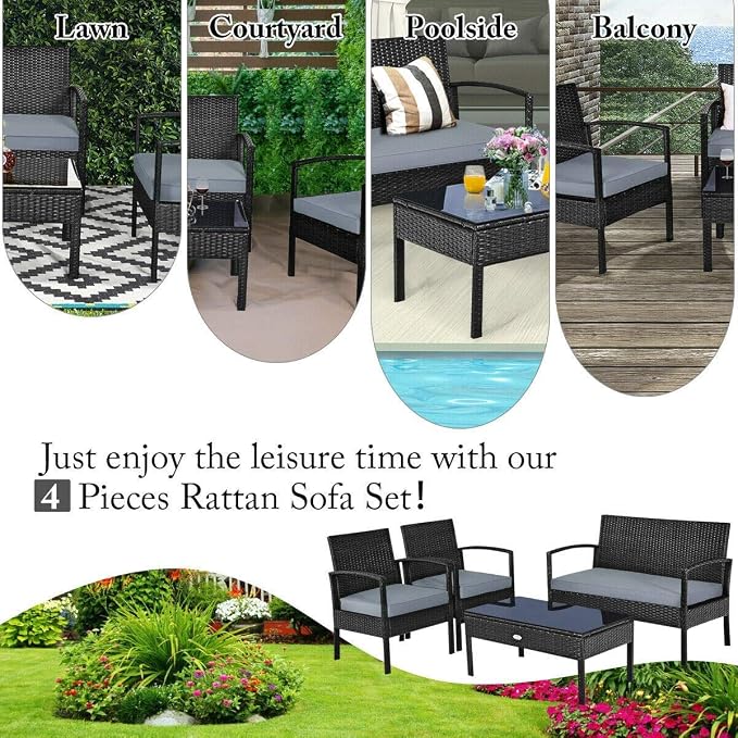 HAPPYGRILL 4-Piece Patio Furniture Set Rattan Wicker Sofa & Coffee Table Outdoor Conversation Set for Patio Garden Poolside