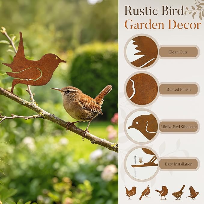 RELBRO Rusty Birds Silhouettes Outdoor Decoration, Metal Fence Art, 5 Pcs | 5 Lifelike Bird Silhouettes, Rustic Finish, Vintage Garden Yard Decor for Fence Gate Window Tree Topper
