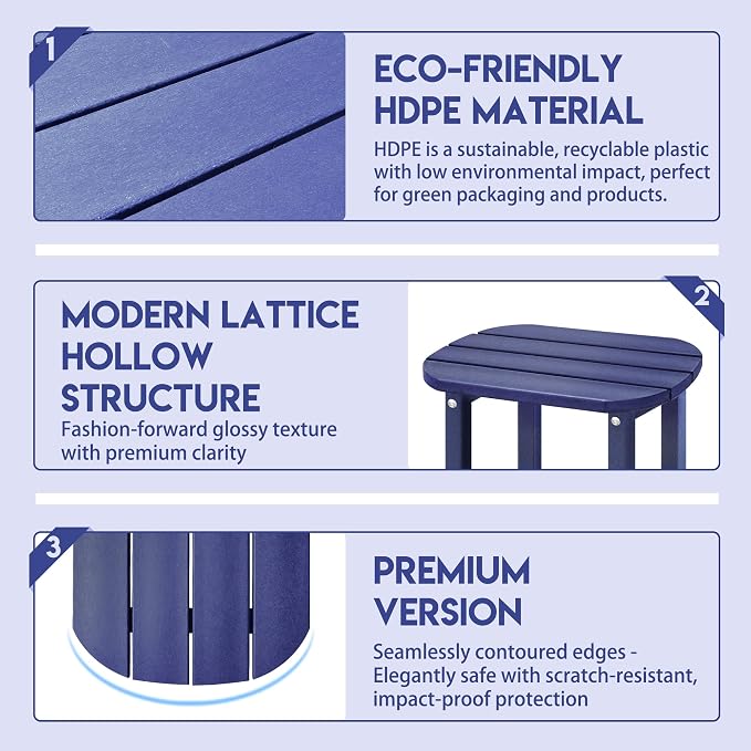 LZRS Patio End Table, Heavy Duty HDPE Outdoor Coffee Table with Wood Texture, Weatherproof Composite Table for Adirondack Chairs, Deck, Pool, Indoor/Outdoor, No Peeling Cracking(Navy Blue)