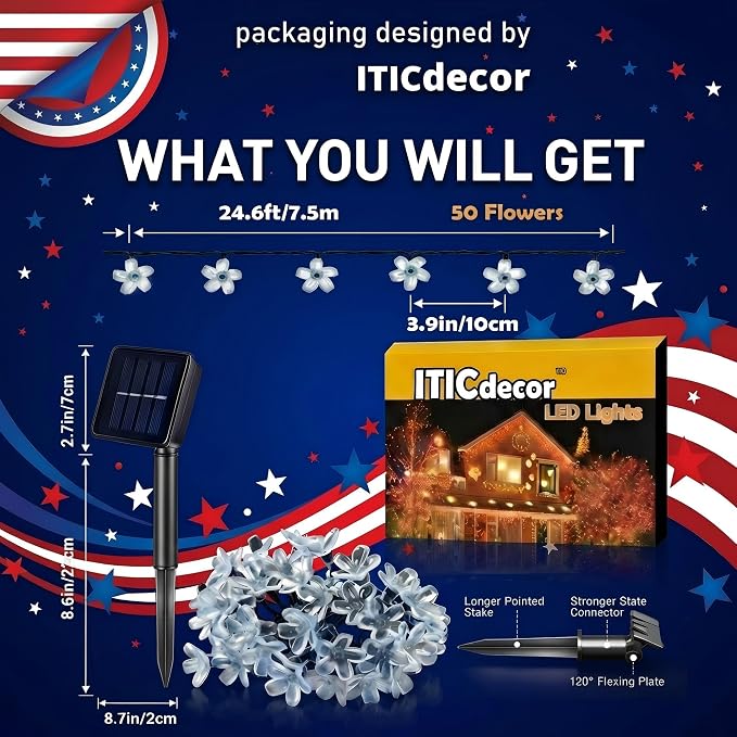 ITICdecor 50 LED Solar Flower String Lights Outdoor Waterproof 4th of July Fairy Light Decorations for Garden, Fence, Patio, Yard &Party Decoration (Red White&Blue)