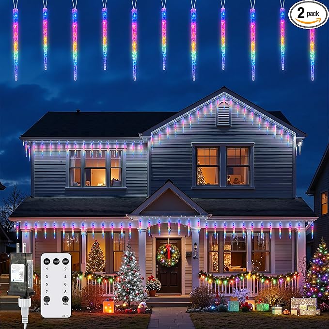 Brightown Icicle Lights Outdoor, 2 Pack Total 40ft 40 Tubes 200 LED Ice Shape String Lights, Connectable Hanging Christmas Decoration Lights for Tree Patio Roof Holiday Decor, Multicolor