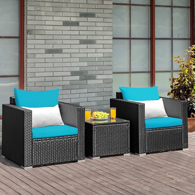 Tangkula 3 Pieces Patio Furniture Set, PE Rattan Wicker Sofa Set w/Washable Cushion Cover and Tempered Glass Tabletop, Outdoor Conversation Furniture for Garden