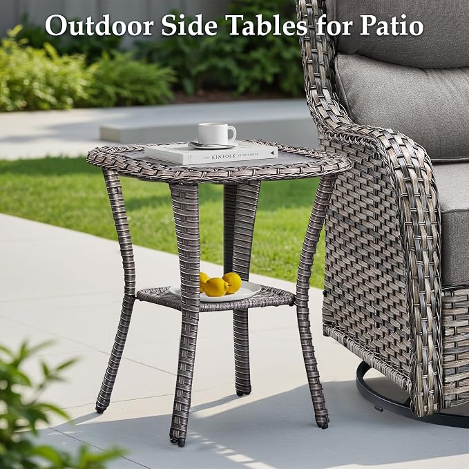 Luxury Outdoor Swivel Rocker Patio Chairs-3 Piece Wicker Patio Rocking Chairs Set of 2 with Glass Side Table 6" Thick Cushions High Back Outdoor Furniture Sets for Deck Porch Balcony(Grey/Grey)
