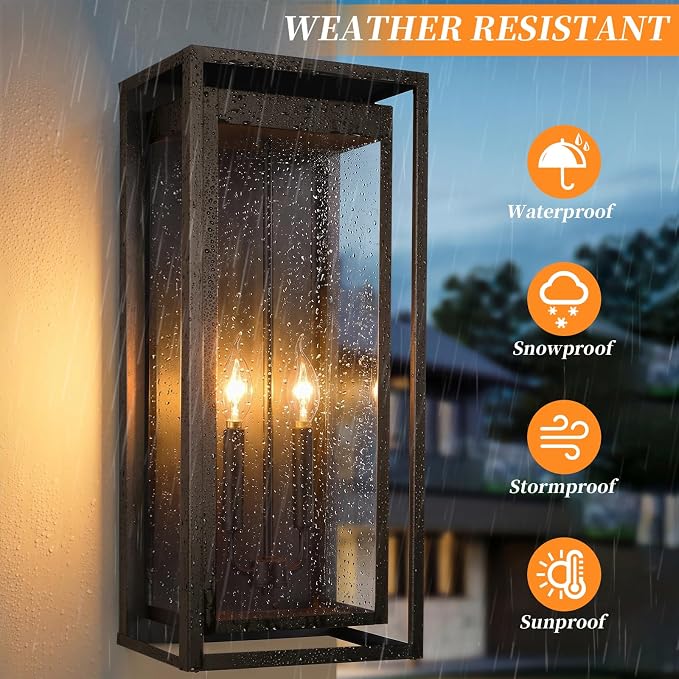 24" Outdoor Wall Lights, 2 Pack Large Size Matte Black Outdoor Sconce Lights with Clear Glass Shade, Waterproof Porch Lighting Exterior Light Fixture for Front Door, Garage