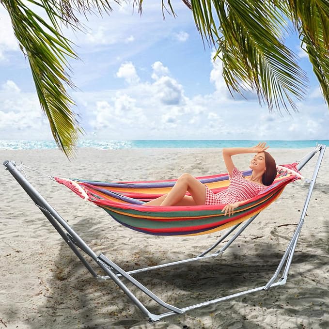 HEVIRGO Hammock with Stand,Indoor Hammock Stand with Strong Load-Bearing,Double Hammock with Space Saving Metal Stand,Portable Hammock with Dual-bar Design for Backyard,Camping,Garden Red