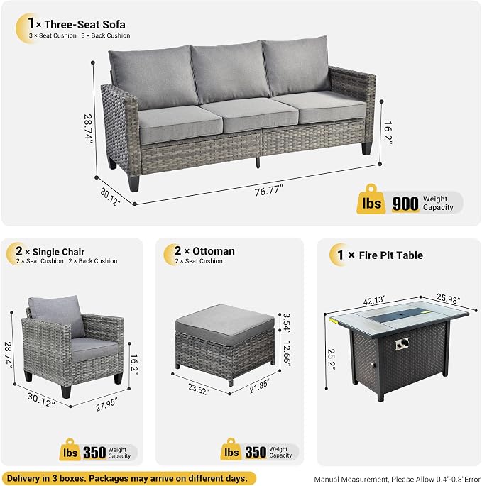 ovios 6 Pieces Patio Furniture Set with Fire Pit Table, Outdoor Wicker 3-Seat Sofa with Comfy Cushion, High Back Rattan Conversation Set for Deck Porch, Dark Grey