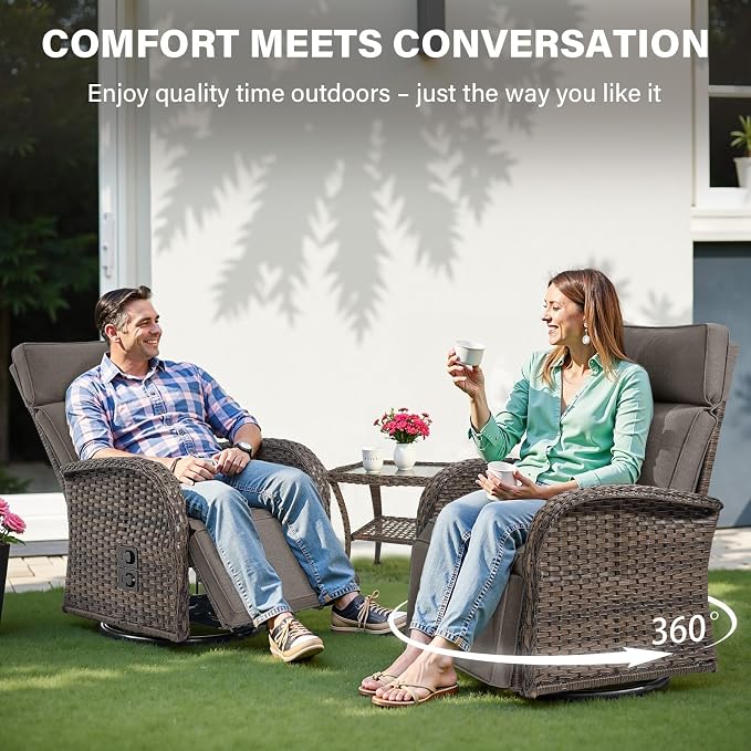 Dual-Adjust Swivel Outdoor Recliner Chair Set of 3 - Reclining Patio Chair with Adjustable Backrest and Footrest, All-Weather Wicker Chaise Lounge Outdoor with Side Table for Pool Deck Brown Grey